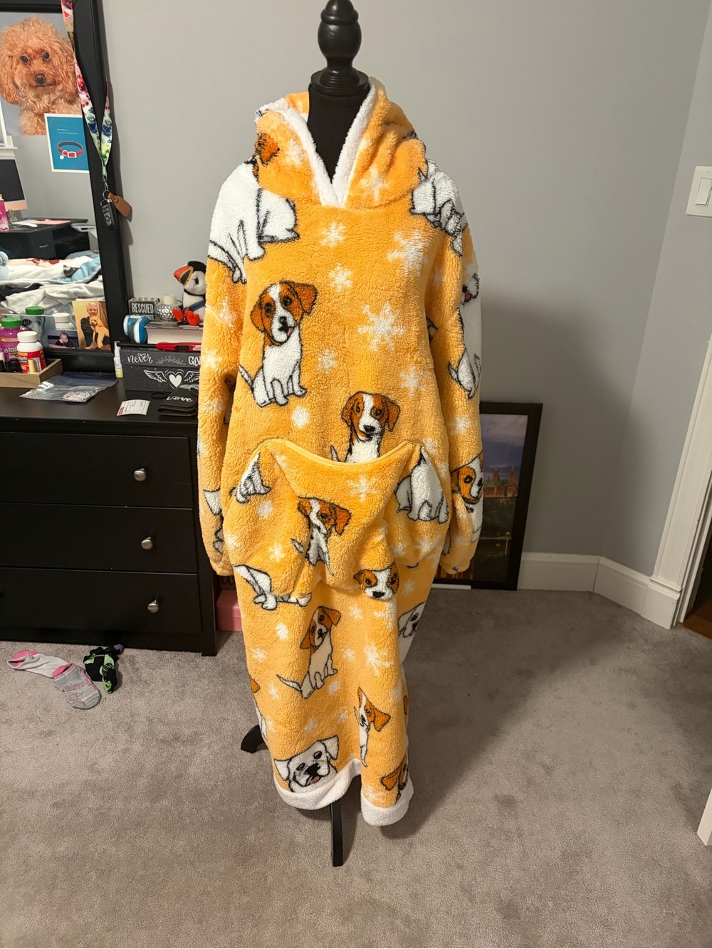 Plush Yellow Dog-Print Hooded Loungewear Robe